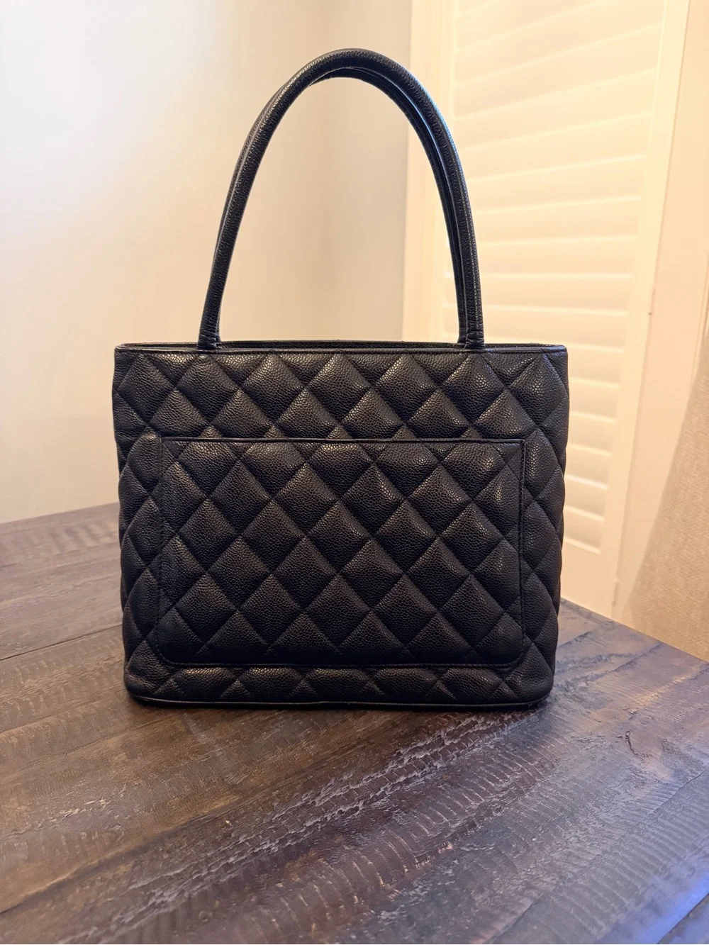 Vintage CHANEL Black Quilted Caviar Medallion Tote 24K gold-plated hardware